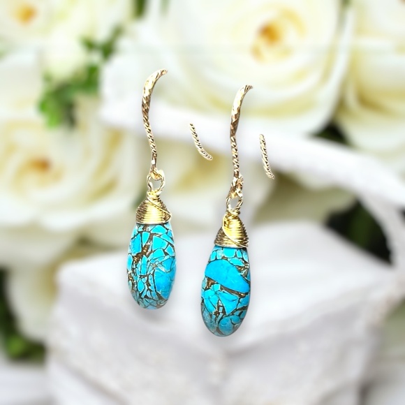 Natural Paraiba Turquoise Earrings Handmade 14K Yellow Gold Filled - Picture 6 of 9